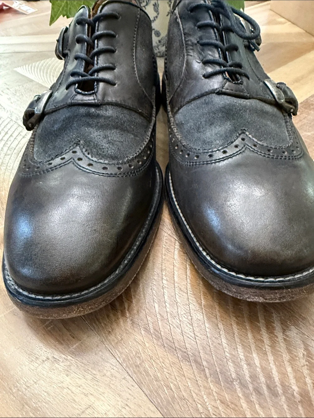 John Varvatos Dark Brown Suede & Leather Brogue Monk Strap Oxfords